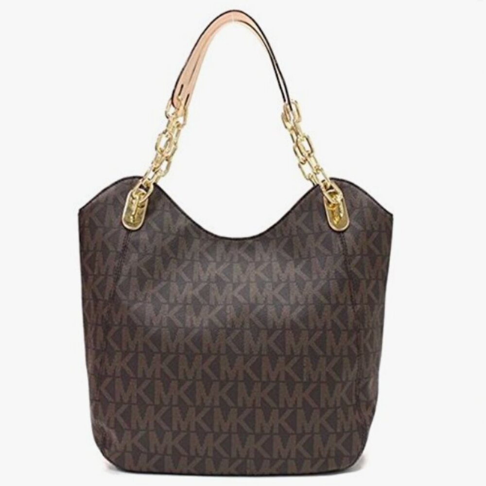EUC Michael Kors Lilly Brown Signature Monogram Chain Tote Bag
